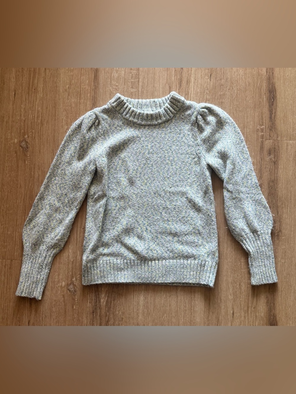GAP Heathered Light Gray Crewneck Puff-Sleeve Sweater